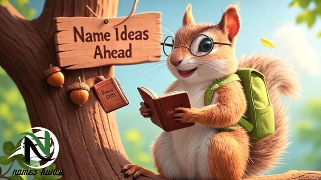 Cute squirrel sitting in nature with name tags inspired by flowers, trees, and earth tones.