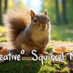 A playful squirrel sitting near a wooden sign with name tags, surrounded by nature-themed name ideas and forest elements.