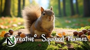 A playful squirrel sitting near a wooden sign with name tags, surrounded by nature-themed name ideas and forest elements.