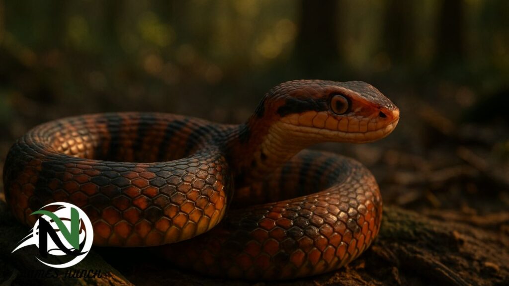 Adorable pet snake curled up peacefully in a cozy terrarium.