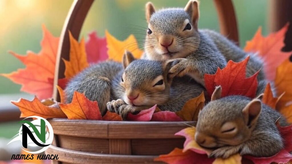 A cute baby squirrel sitting on a tree branch wearing glasses and holding a tiny name book, with a playful forest background.