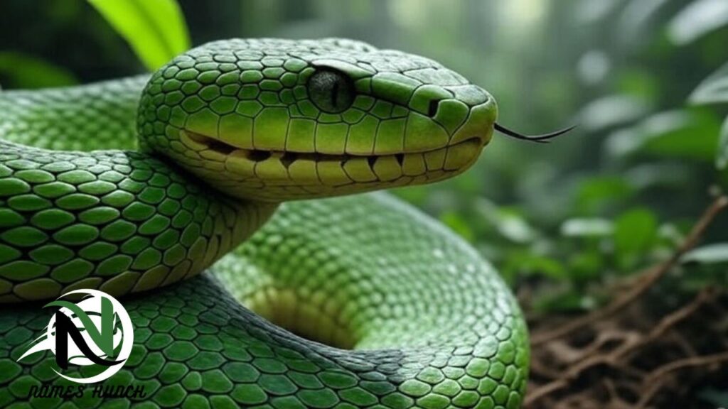 A vibrant green pet snake coiled gently on a tree branch.